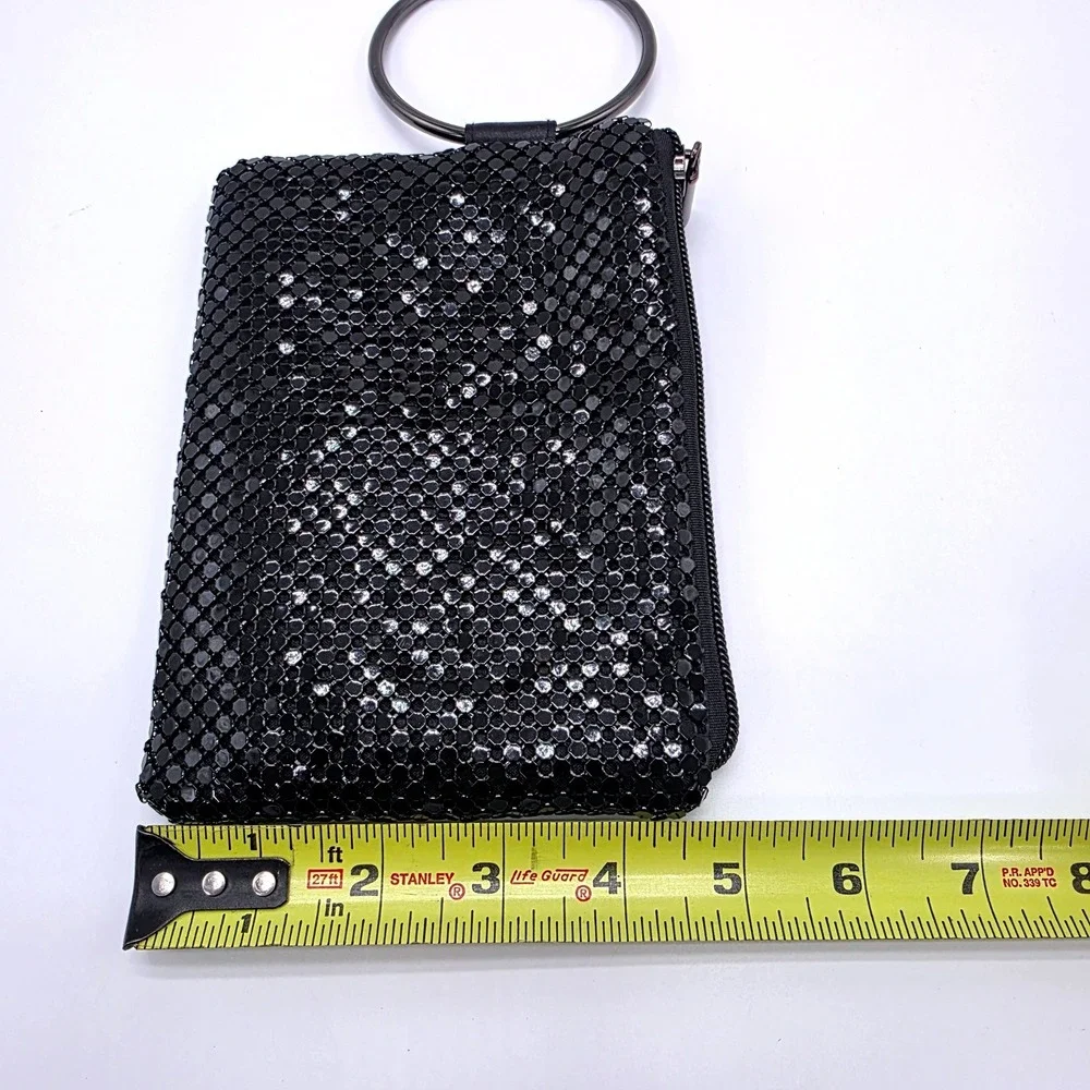 Black Metal Mesh Ring Handle Wristlet Clutch Evening Bag Zipper Closure